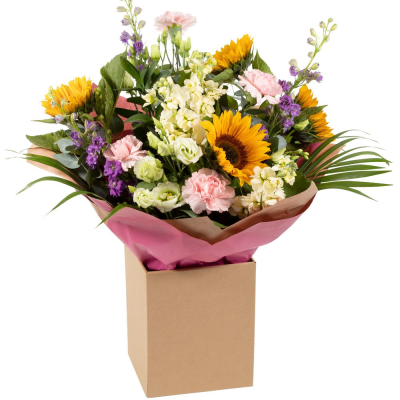 Bright Ideas - Beautiful Sunflowers and a peppering of other summer flowers and foliage. Tied in water and presented in a stylish bag. An amazing bouquet full of joy and delight ready to display and enjoy.    